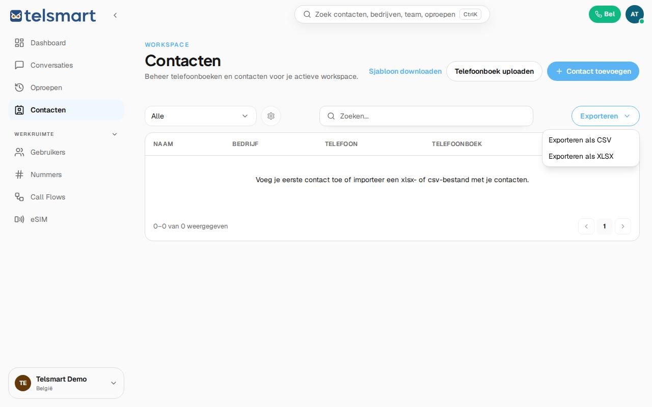De Exporteren-dropdown met de opties CSV en XLSX.