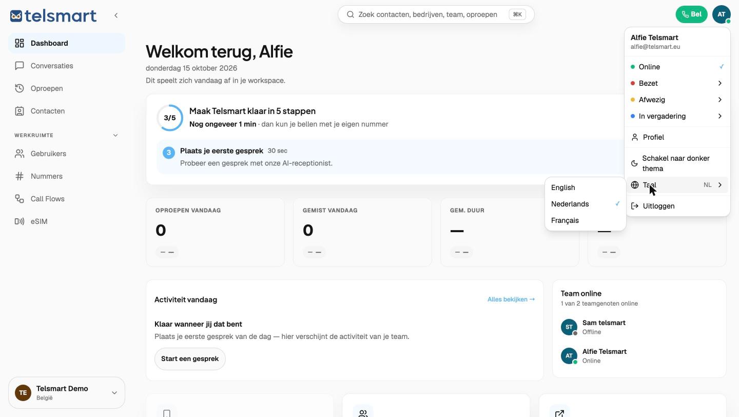 Het accountmenu met de statusopties, geopend via je avatar rechtsboven.