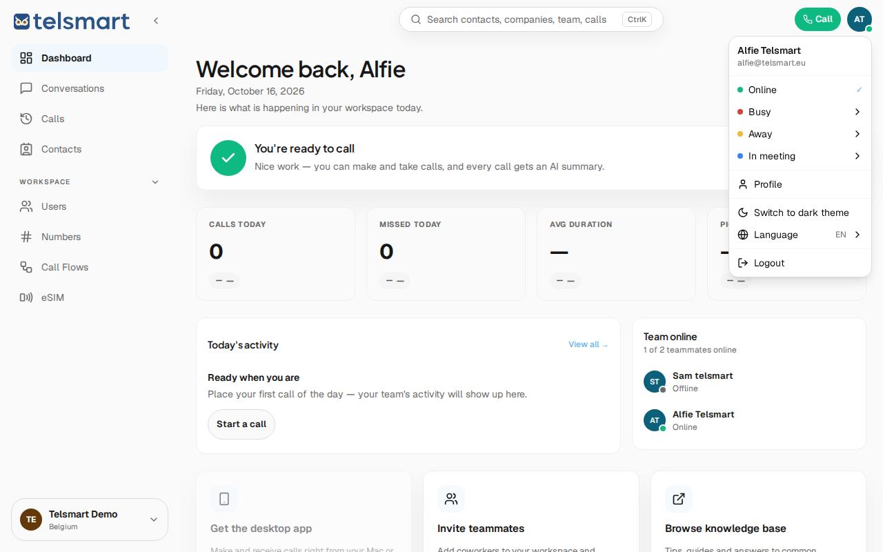 The account menu with status options, opened via your avatar in the top right.