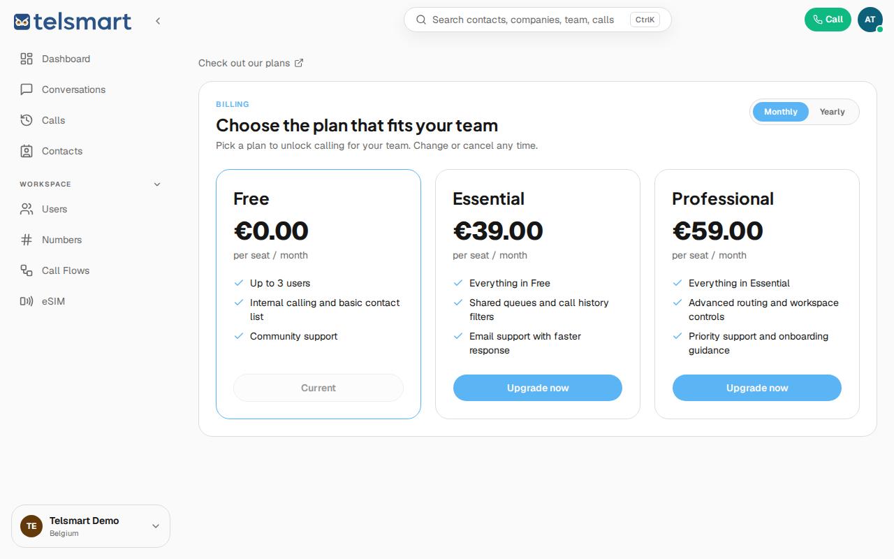 The plans, with Free as the current plan.