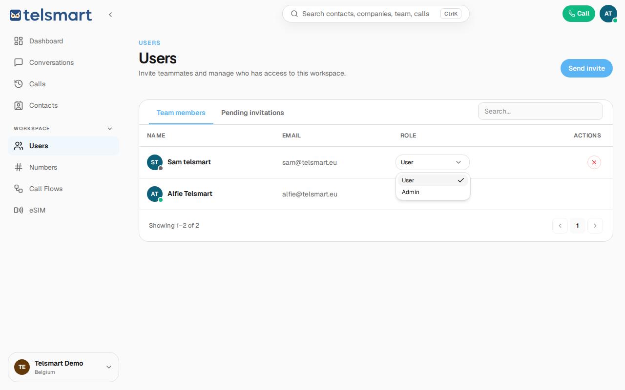 The role dropdown in the user list, with User and Admin as choices.