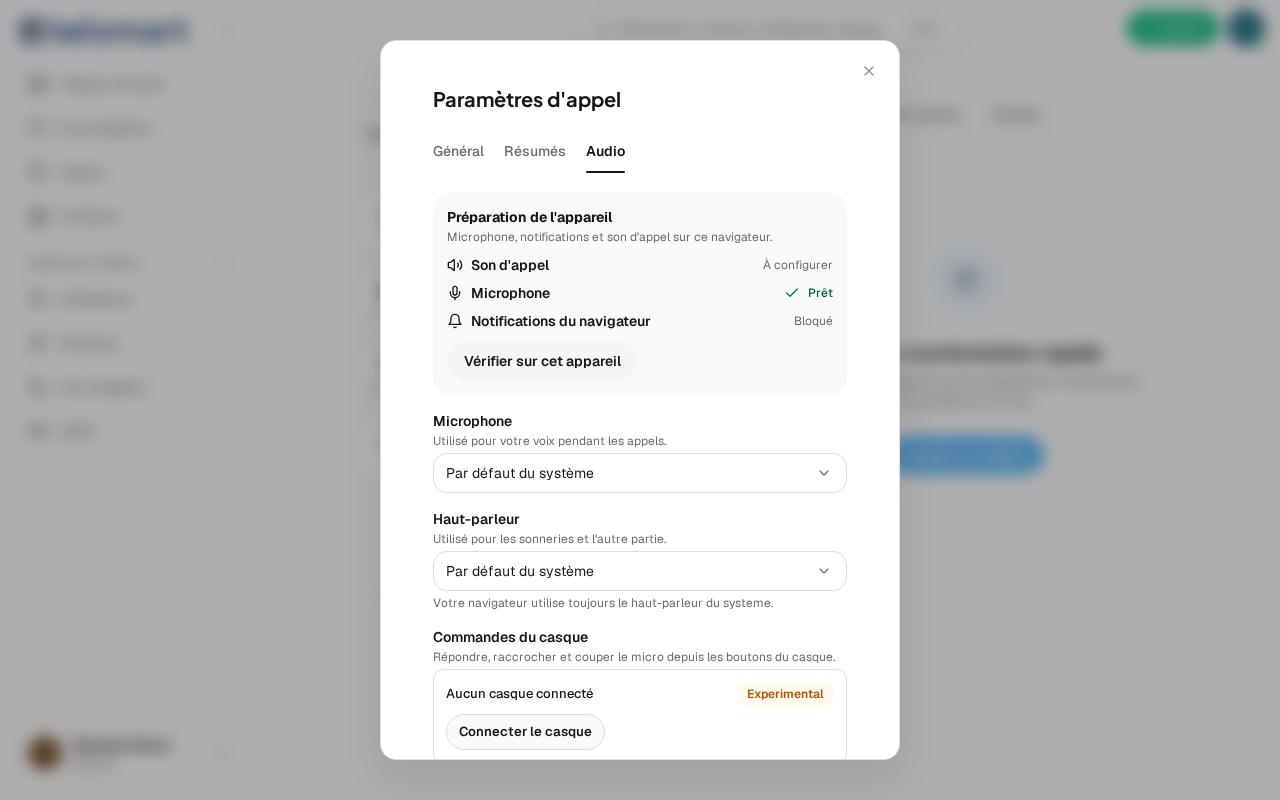 L'onglet Audio, avec le bouton Connecter le casque en bas.
