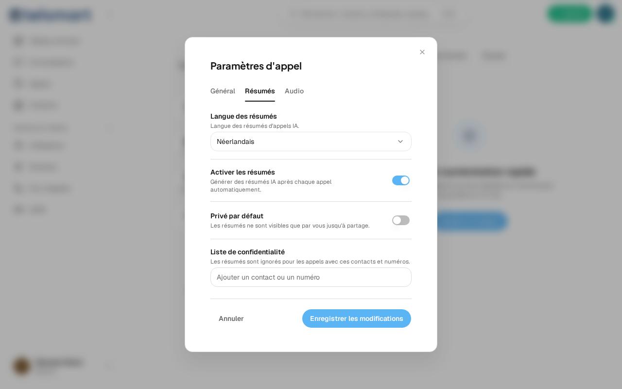 L'onglet Résumés, avec la liste de confidentialité en bas.