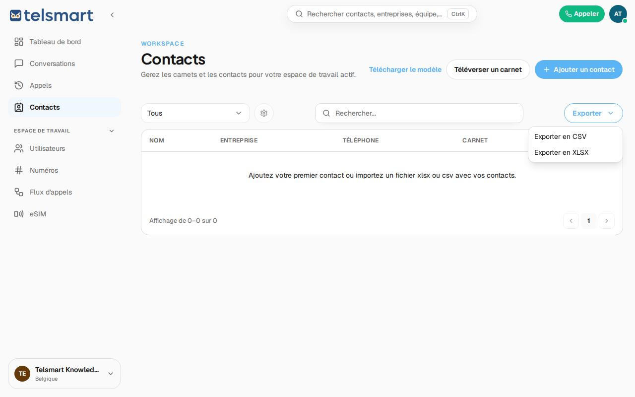 Le menu déroulant Exporter avec les options CSV et XLSX.