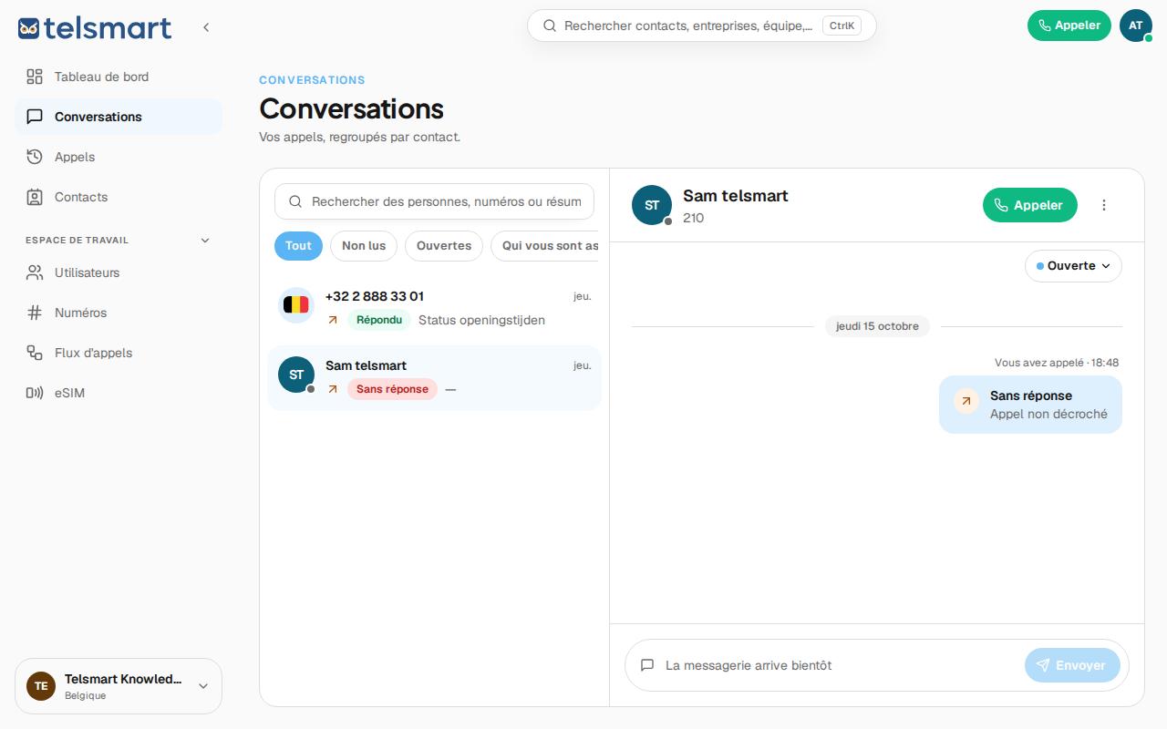 Un appel manqué dans Conversations, sans résumé IA.