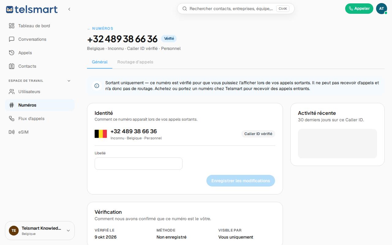 Détail du numéro avec la mention « Sortant uniquement » et l'onglet Routage d'appels grisé.